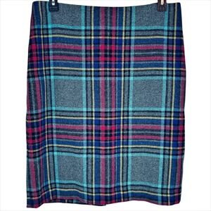 Talbots Plaid Pencil Skirt 14 L Grey Teal Pink Blanket Wool Blend Preppy Career